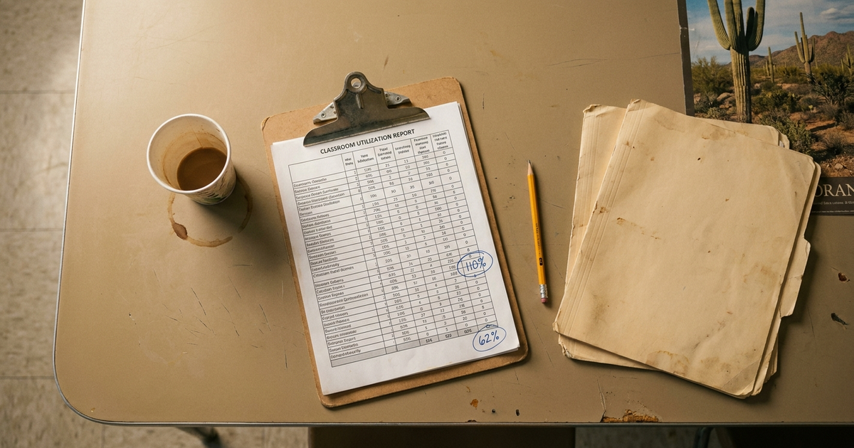 Top-down view of a manila clipboard with a classroom-utilization spreadsheet, coffee cup, and stack of folders on a school cafeteria table.