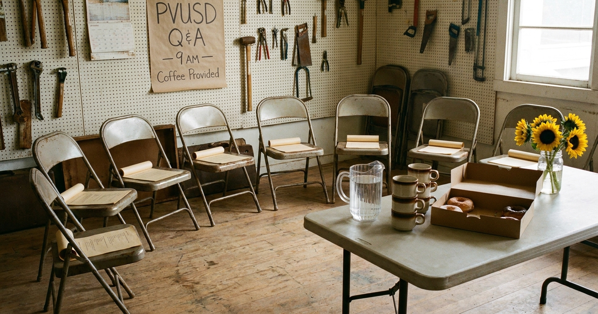 Folding chairs arranged in a horseshoe in a hardware-store back room, butcher-paper sign reading "PVUSD Q&A — 9 AM — Coffee Provided".