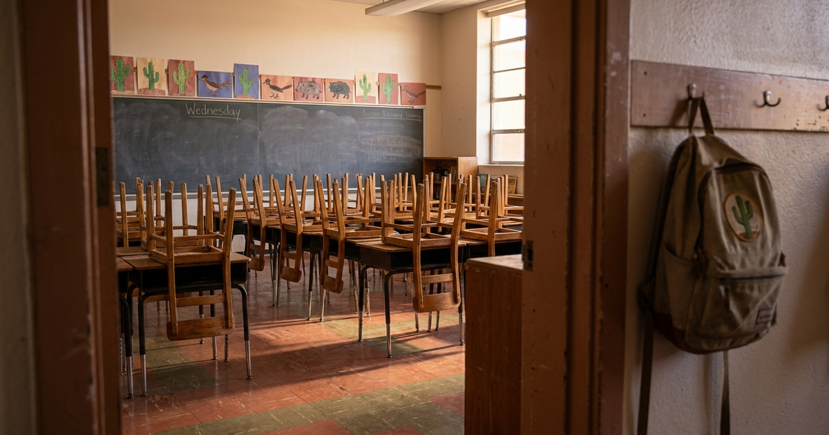 View through a classroom doorway at end of day — chairs upturned on small desks, dusty chalkboard, late-afternoon light.