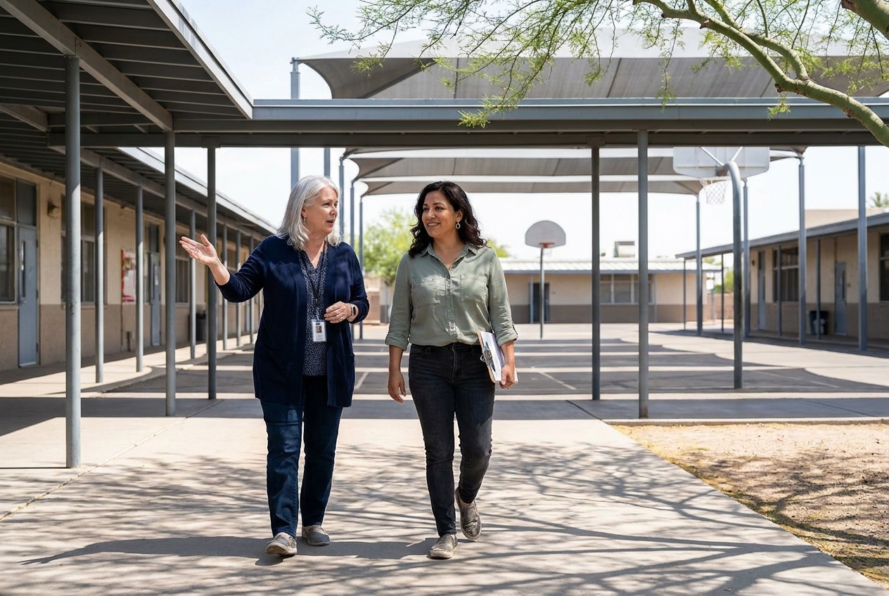 Maria walking a PVUSD campus with retired principal Janet Crowley
